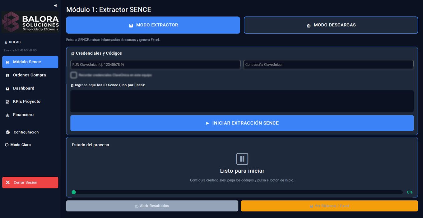 Captura del extractor SENCE de SGO